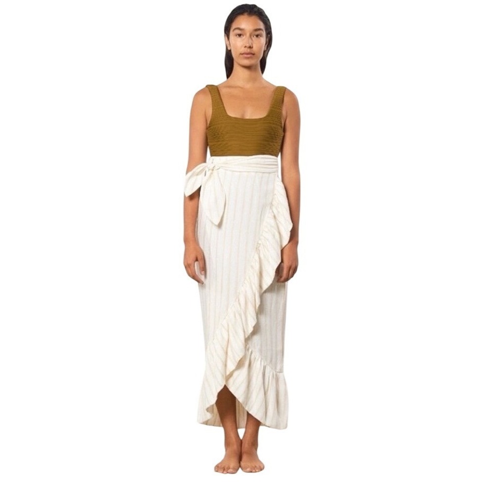Mara Hoffman Ruffled Wrap Skirt Ivory Linen Blend Midi Cream‎ Striped 2X